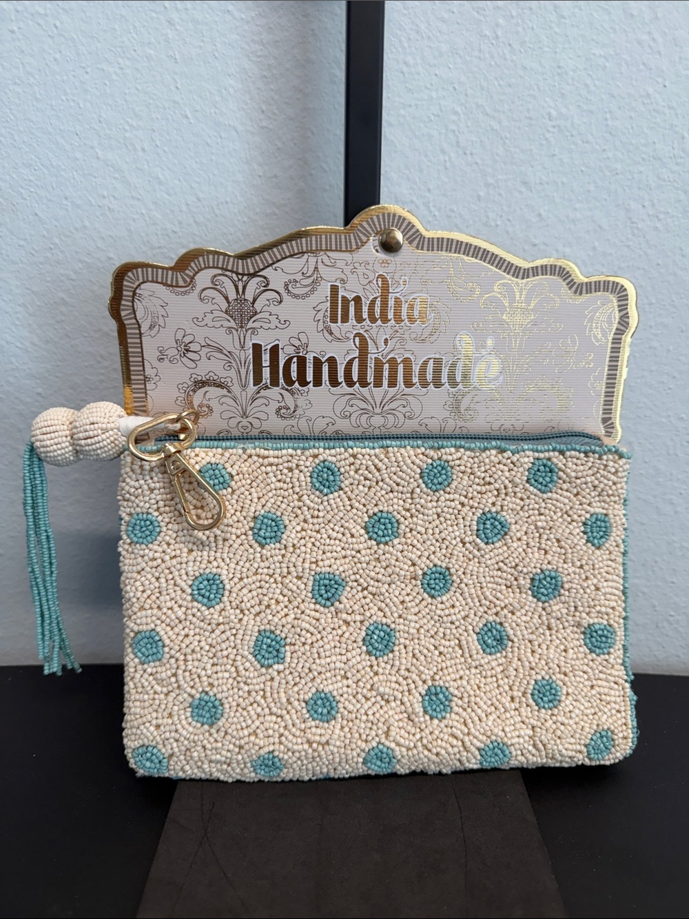 India Handmade | Cream Beaded Wristlet/Wallet w/ Turquoise Polka Dots